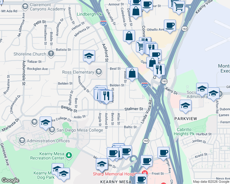 map of restaurants, bars, coffee shops, grocery stores, and more near 3625 Antiem Street in San Diego