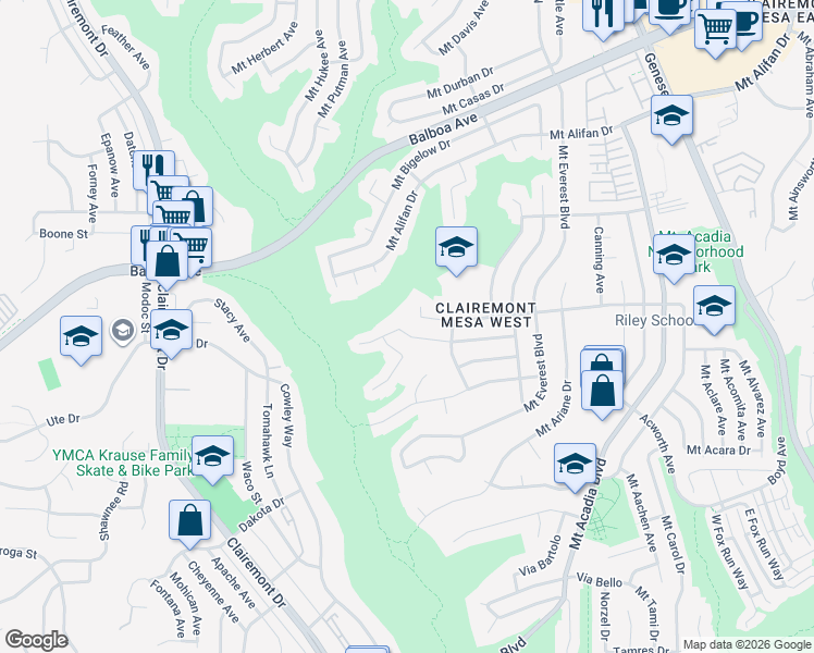 map of restaurants, bars, coffee shops, grocery stores, and more near 4812 Mount Almagosa Drive in San Diego