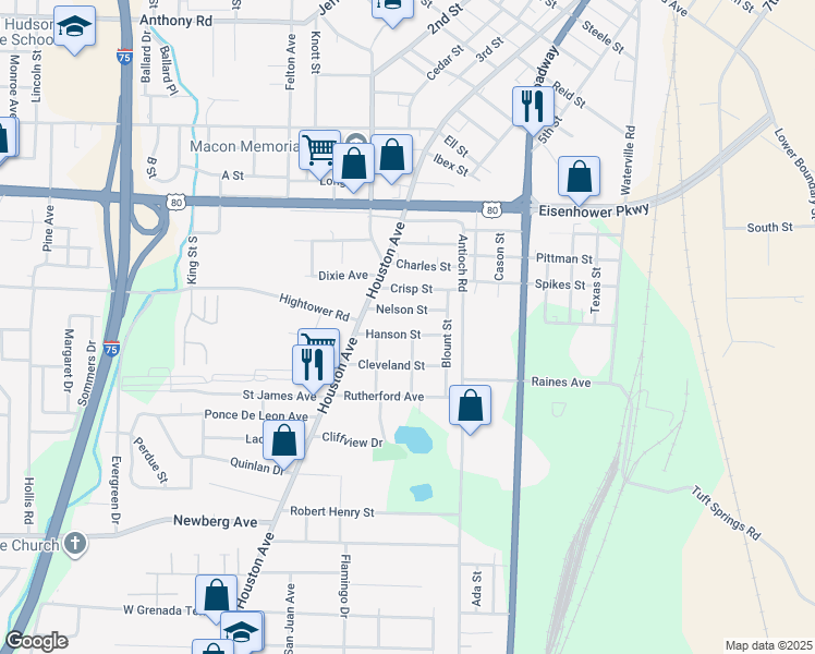 map of restaurants, bars, coffee shops, grocery stores, and more near 548 Hanson Street in Macon