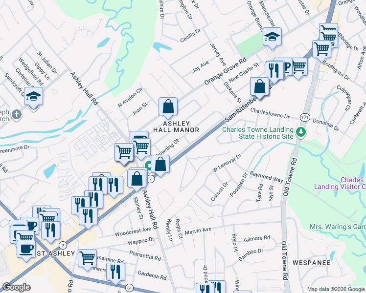map of restaurants, bars, coffee shops, grocery stores, and more near 1514 Manor Boulevard in Charleston