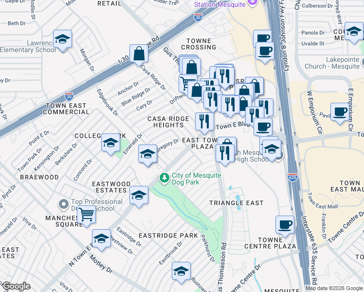 map of restaurants, bars, coffee shops, grocery stores, and more near 2513 North Town East Boulevard in Mesquite