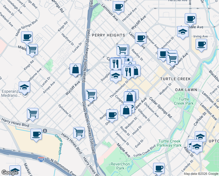 map of restaurants, bars, coffee shops, grocery stores, and more near 2722 Knight Street in Dallas