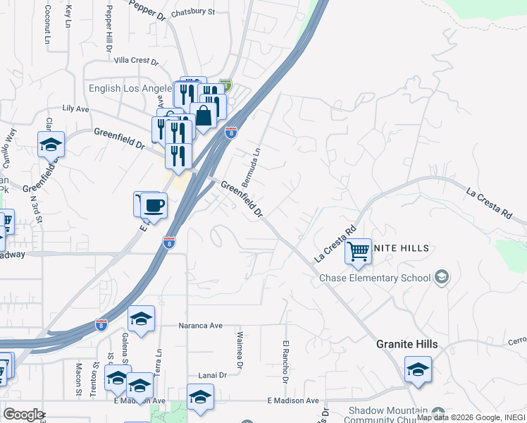map of restaurants, bars, coffee shops, grocery stores, and more near 1830 Greenfield Drive in El Cajon