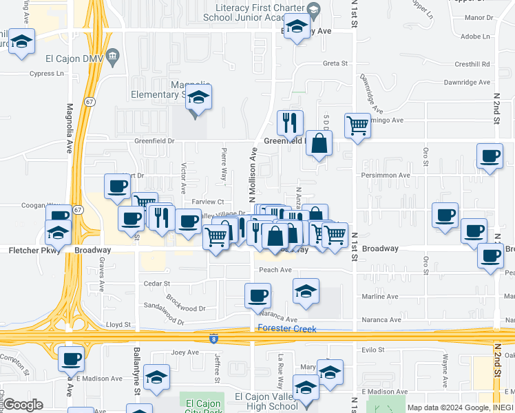 map of restaurants, bars, coffee shops, grocery stores, and more near 1043 North Mollison Avenue in El Cajon