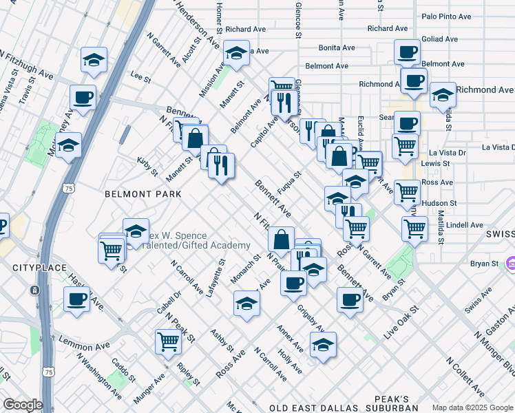 map of restaurants, bars, coffee shops, grocery stores, and more near 2104 North Fitzhugh Avenue in Dallas