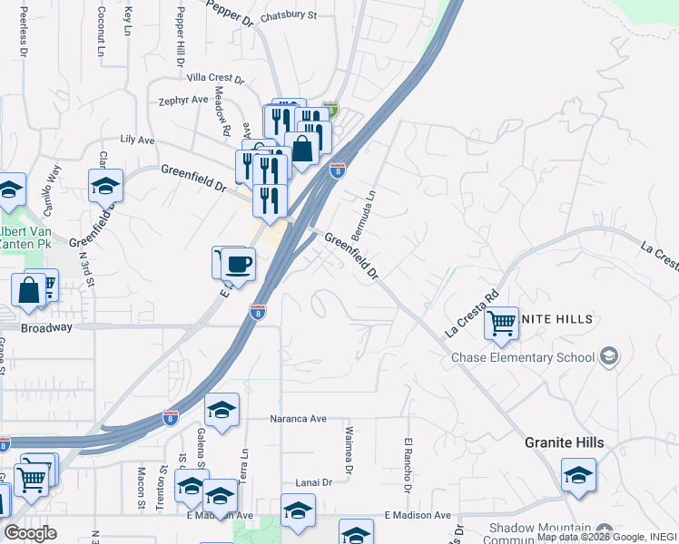 map of restaurants, bars, coffee shops, grocery stores, and more near 1113 Via Loma Vista in El Cajon