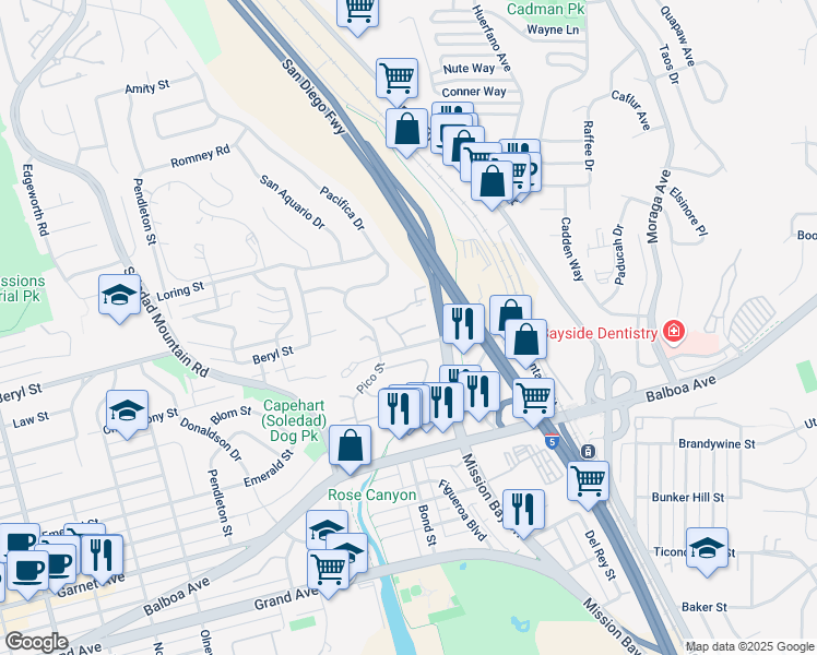 map of restaurants, bars, coffee shops, grocery stores, and more near 4813 Bella Pacific Row in San Diego