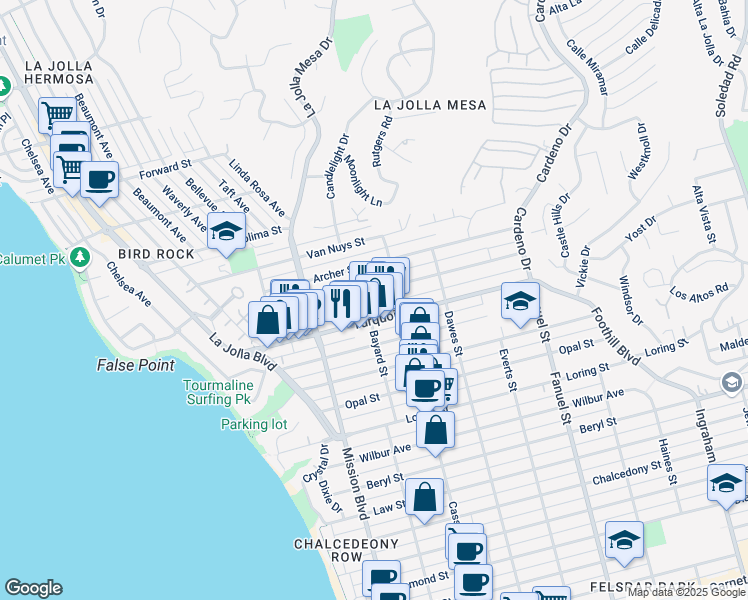 map of restaurants, bars, coffee shops, grocery stores, and more near 954 Turquoise Street in San Diego