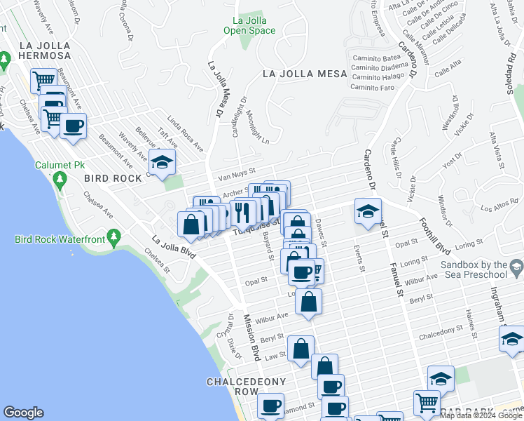 map of restaurants, bars, coffee shops, grocery stores, and more near 954 Turquoise Street in San Diego
