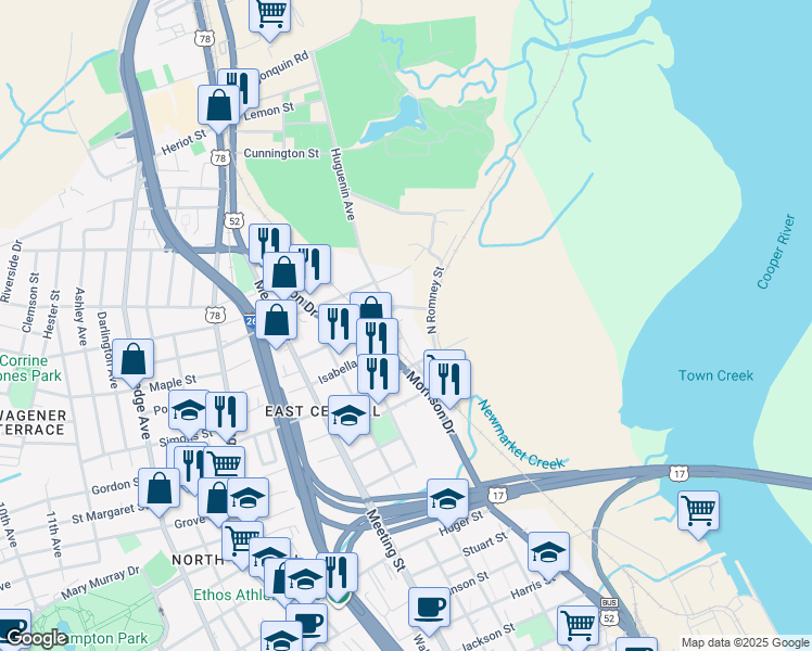 map of restaurants, bars, coffee shops, grocery stores, and more near 6 Huguenin Avenue in Charleston