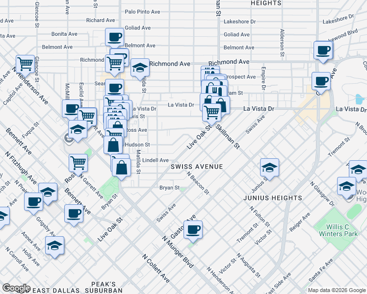 map of restaurants, bars, coffee shops, grocery stores, and more near 5619 Live Oak Street in Dallas