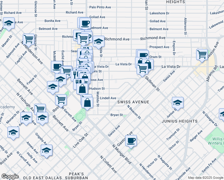 map of restaurants, bars, coffee shops, grocery stores, and more near 1514 Hubert Street in Dallas