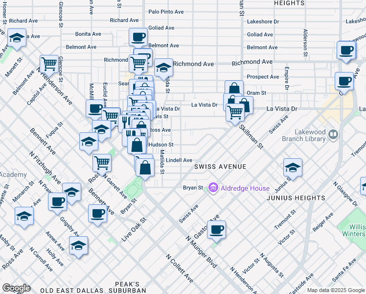 map of restaurants, bars, coffee shops, grocery stores, and more near 1514 Hubert Street in Dallas