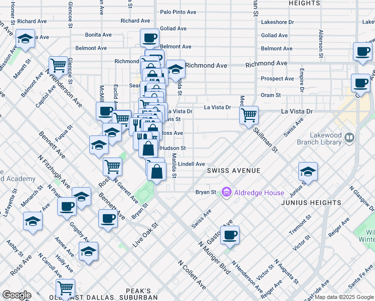 map of restaurants, bars, coffee shops, grocery stores, and more near 1509 Mary Street in Dallas