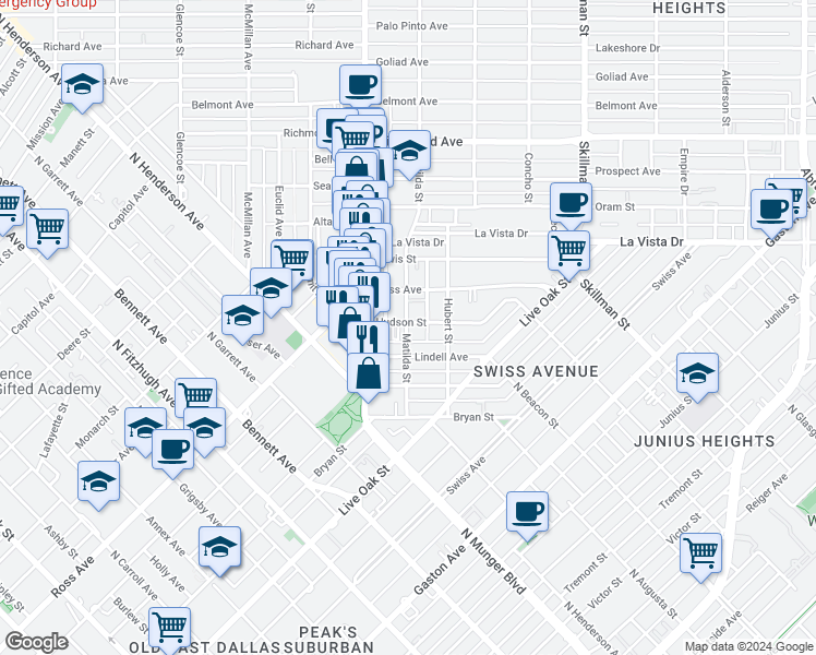 map of restaurants, bars, coffee shops, grocery stores, and more near 1509 Mary Street in Dallas