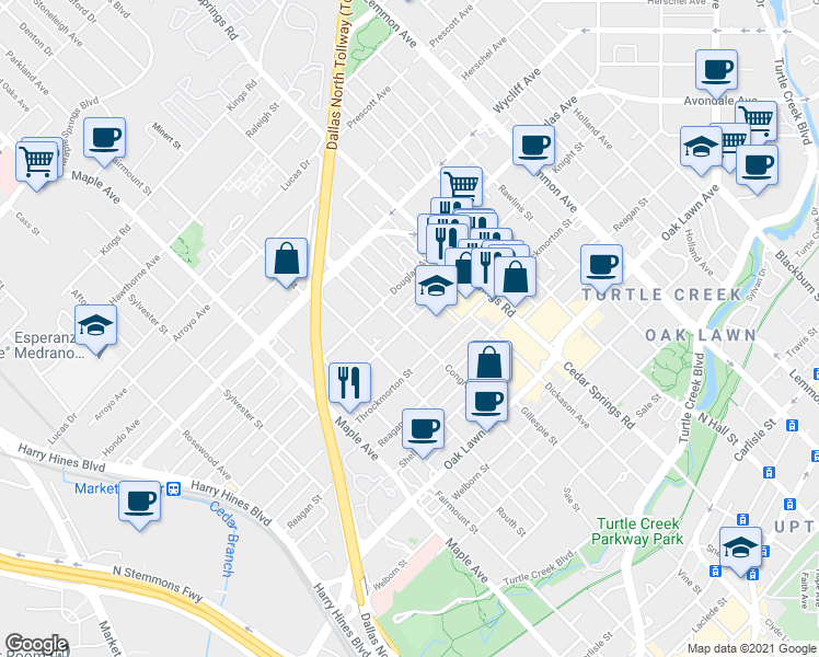 map of restaurants, bars, coffee shops, grocery stores, and more near 2722 Knight Street in Dallas