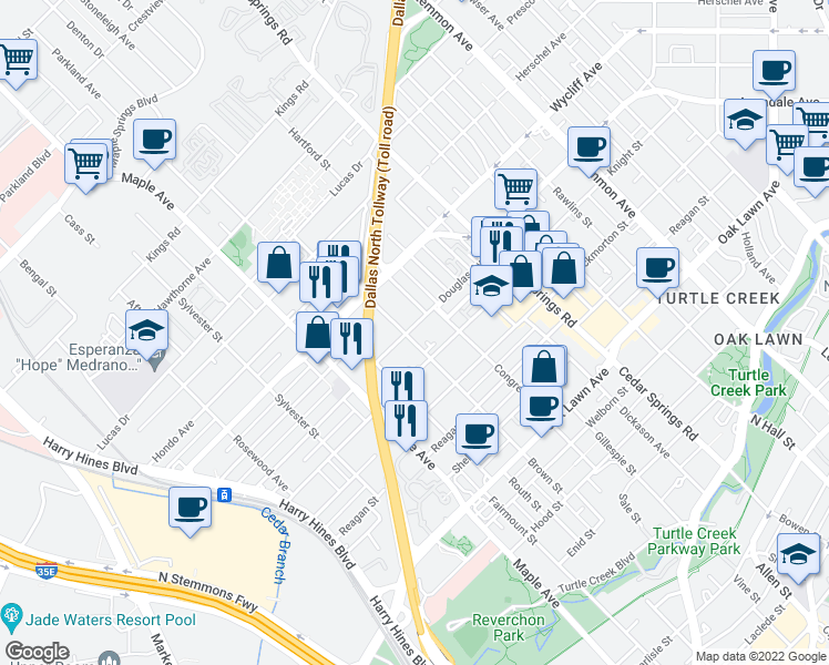 map of restaurants, bars, coffee shops, grocery stores, and more near 4275 Boyer Place in Dallas