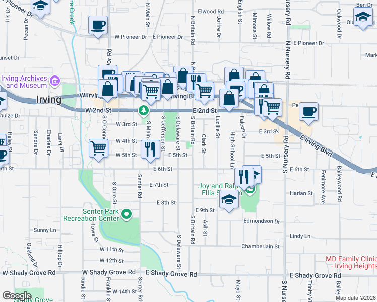 map of restaurants, bars, coffee shops, grocery stores, and more near 309 East 5th Street in Irving