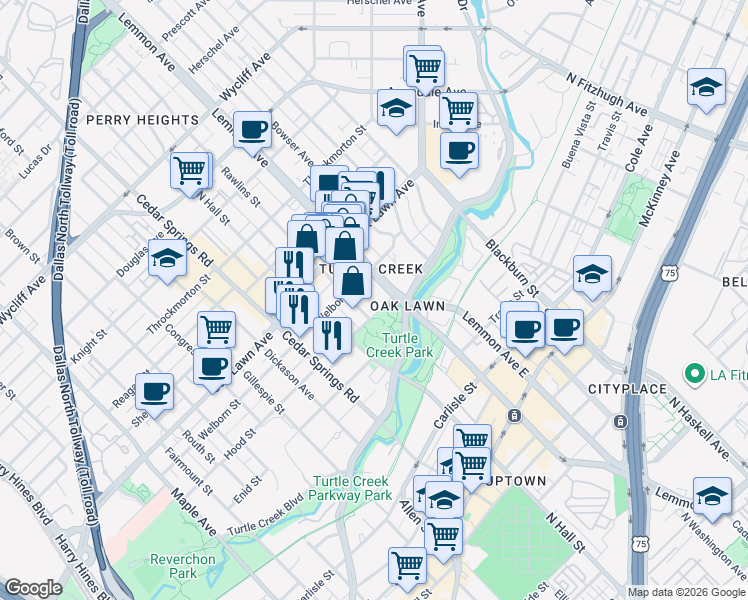 map of restaurants, bars, coffee shops, grocery stores, and more near 3401 Lee Parkway in Dallas
