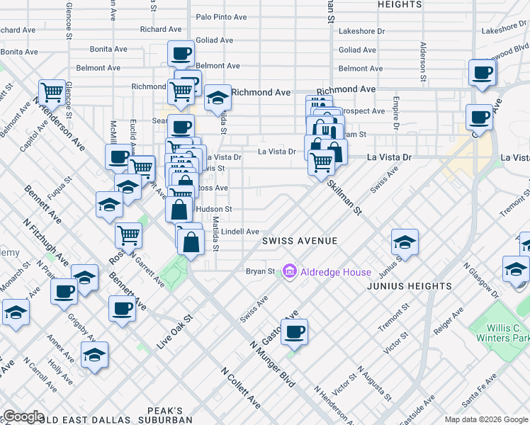 map of restaurants, bars, coffee shops, grocery stores, and more near 5619 Live Oak Street in Dallas