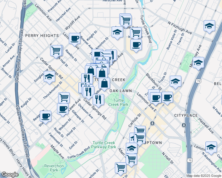 map of restaurants, bars, coffee shops, grocery stores, and more near 3498 Lee Parkway in Dallas