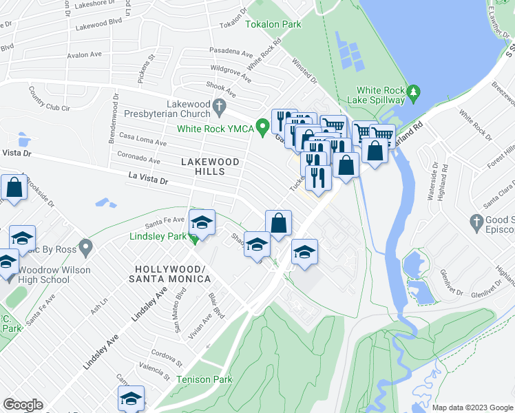 map of restaurants, bars, coffee shops, grocery stores, and more near 7203 La Vista Drive in Dallas