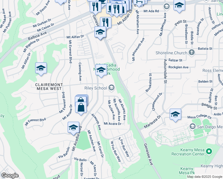 map of restaurants, bars, coffee shops, grocery stores, and more near 5650 Mount Ackerly Drive in San Diego