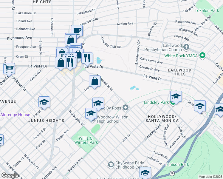 map of restaurants, bars, coffee shops, grocery stores, and more near 242 North Brookside Drive in Dallas