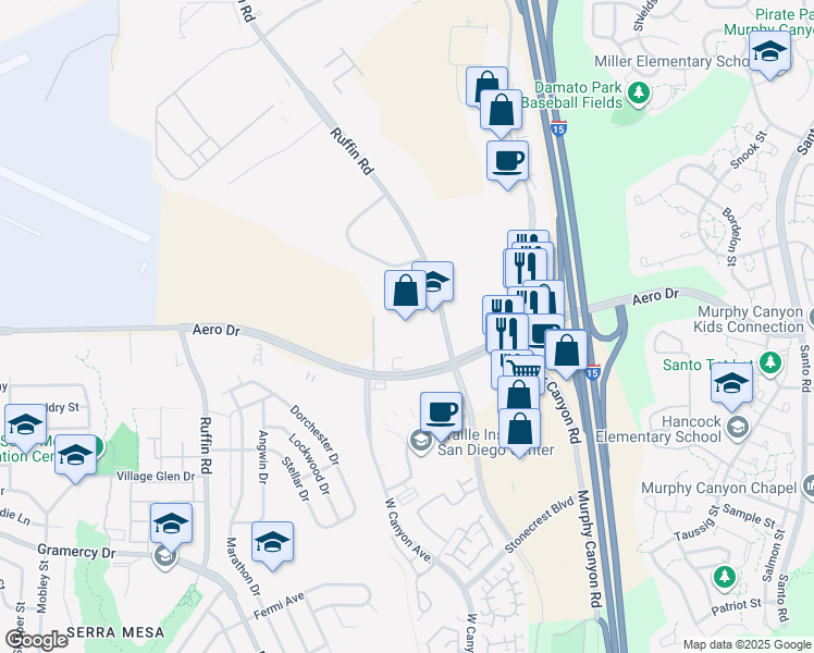 map of restaurants, bars, coffee shops, grocery stores, and more near 9606 Aero Drive in San Diego