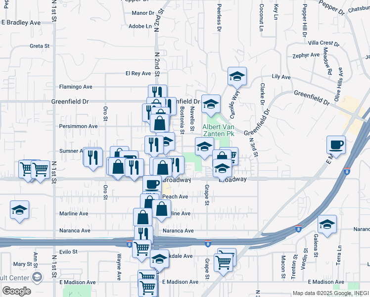 map of restaurants, bars, coffee shops, grocery stores, and more near 1105 Bostonia Street in El Cajon
