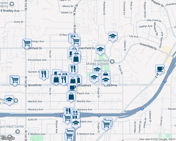 map of restaurants, bars, coffee shops, grocery stores, and more near 1105 Bostonia Street in El Cajon