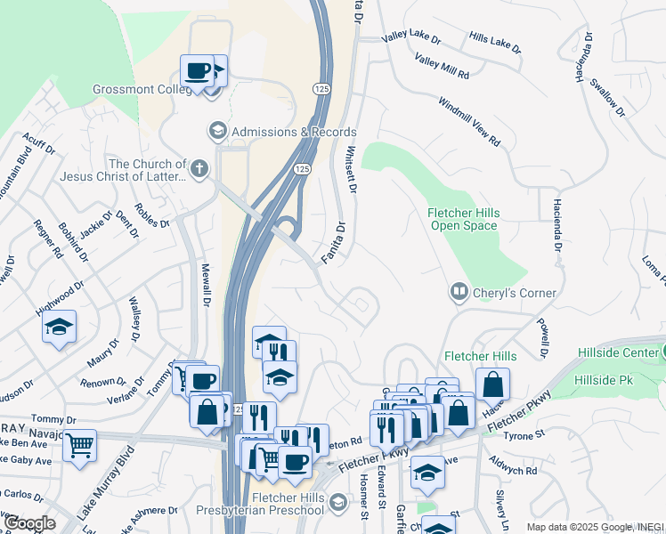 map of restaurants, bars, coffee shops, grocery stores, and more near 2706 Anjuli Court in El Cajon