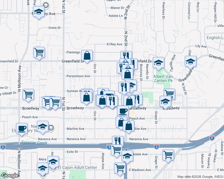 map of restaurants, bars, coffee shops, grocery stores, and more near 1275 Sumner Avenue in El Cajon