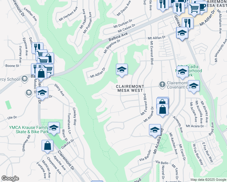 map of restaurants, bars, coffee shops, grocery stores, and more near 4862 Mount Almagosa Drive in San Diego