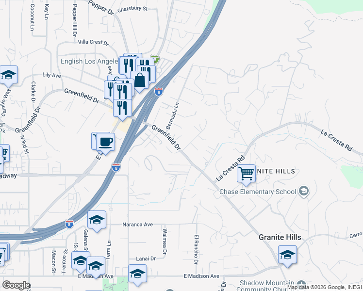 map of restaurants, bars, coffee shops, grocery stores, and more near 1830 Greenfield Drive in El Cajon