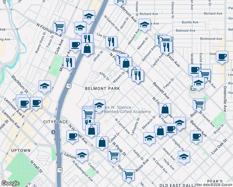 map of restaurants, bars, coffee shops, grocery stores, and more near 4627 Capitol Avenue in Dallas