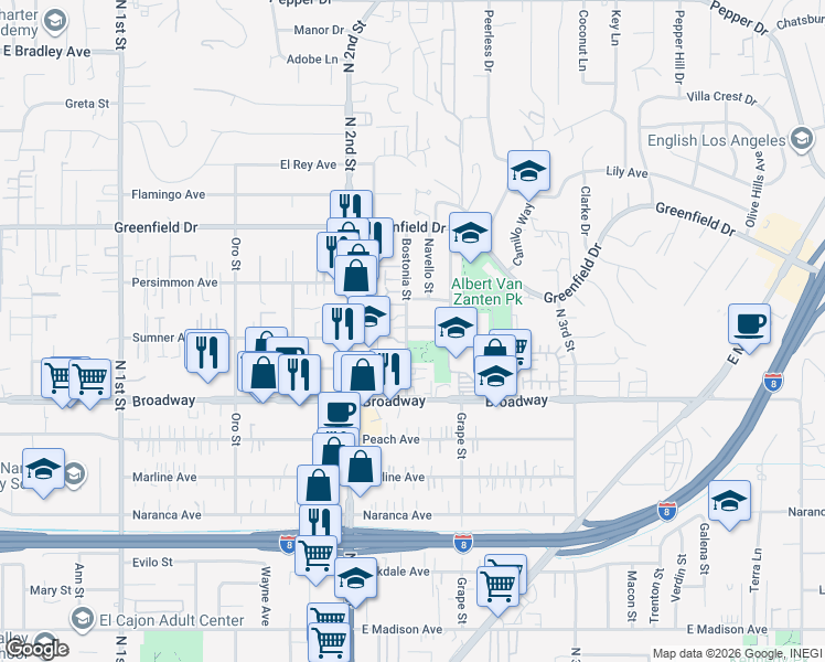 map of restaurants, bars, coffee shops, grocery stores, and more near 1105 Bostonia Street in El Cajon