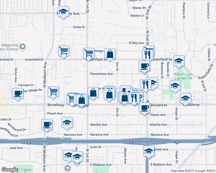 map of restaurants, bars, coffee shops, grocery stores, and more near 1170 Sumner Avenue in El Cajon