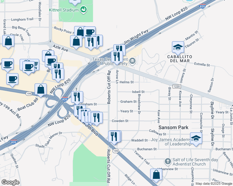 map of restaurants, bars, coffee shops, grocery stores, and more near 3412 Roberts Cut Off Road in Fort Worth