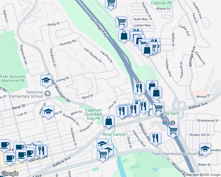 map of restaurants, bars, coffee shops, grocery stores, and more near 4846 Pacifica Drive in San Diego