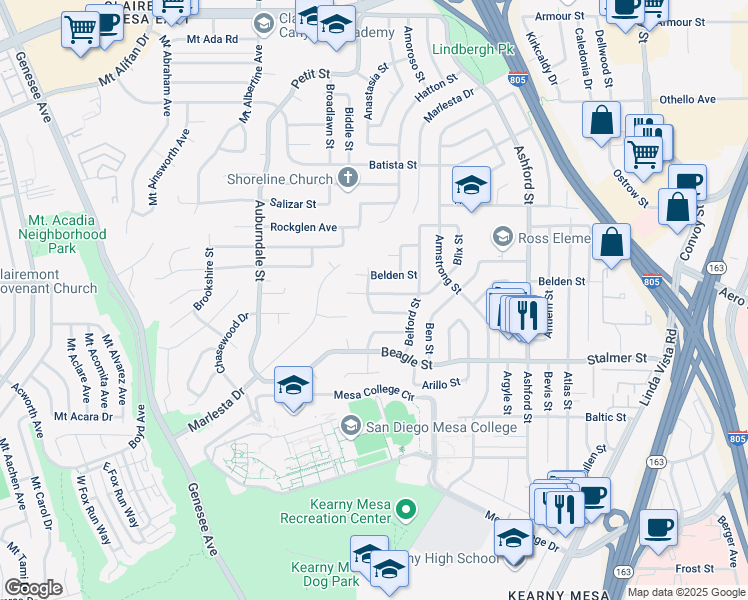 map of restaurants, bars, coffee shops, grocery stores, and more near 7112 Malta Street in San Diego
