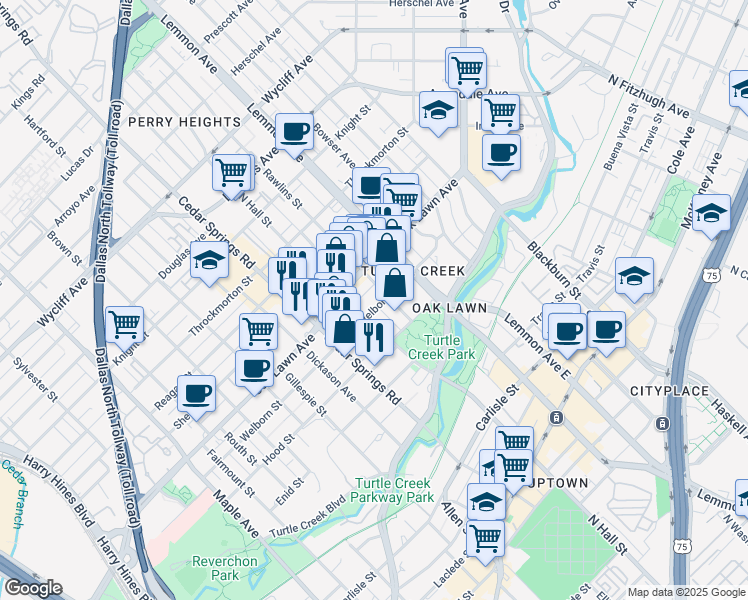 map of restaurants, bars, coffee shops, grocery stores, and more near 3333 Welborn Street in Dallas