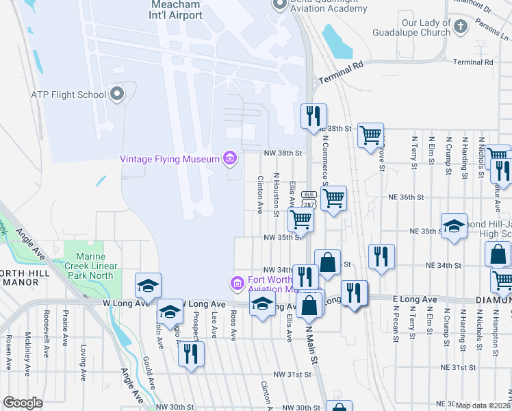 map of restaurants, bars, coffee shops, grocery stores, and more near 3520 Clinton Avenue in Fort Worth