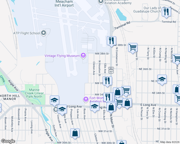 map of restaurants, bars, coffee shops, grocery stores, and more near 3520 Clinton Avenue in Fort Worth