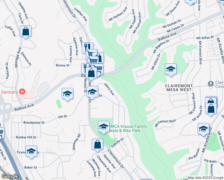 map of restaurants, bars, coffee shops, grocery stores, and more near 3833 Tomahawk Lane in San Diego