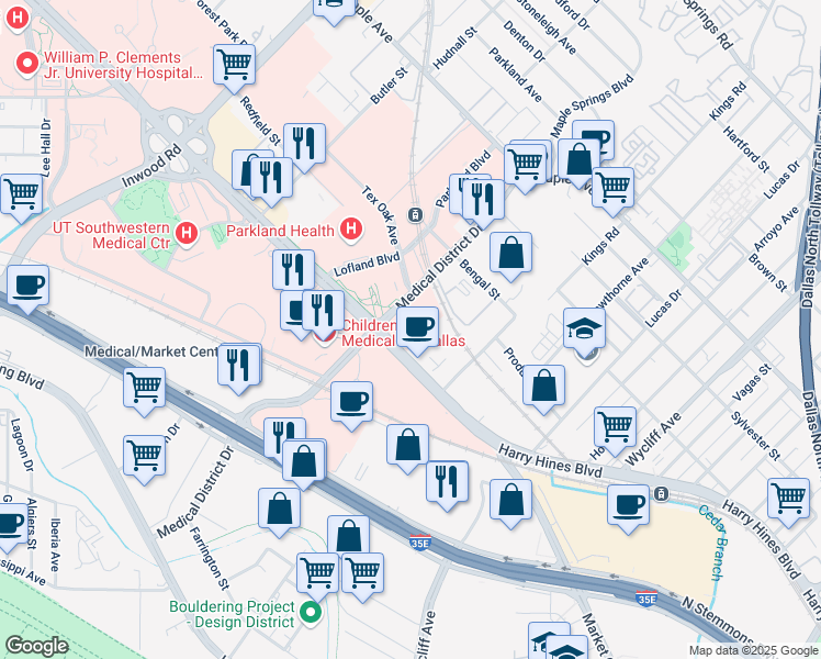 map of restaurants, bars, coffee shops, grocery stores, and more near 4900 Harry Hines Boulevard in Dallas