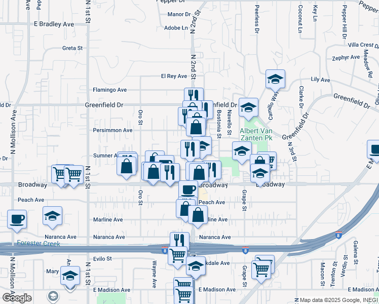 map of restaurants, bars, coffee shops, grocery stores, and more near 1025 North 2nd Street in El Cajon