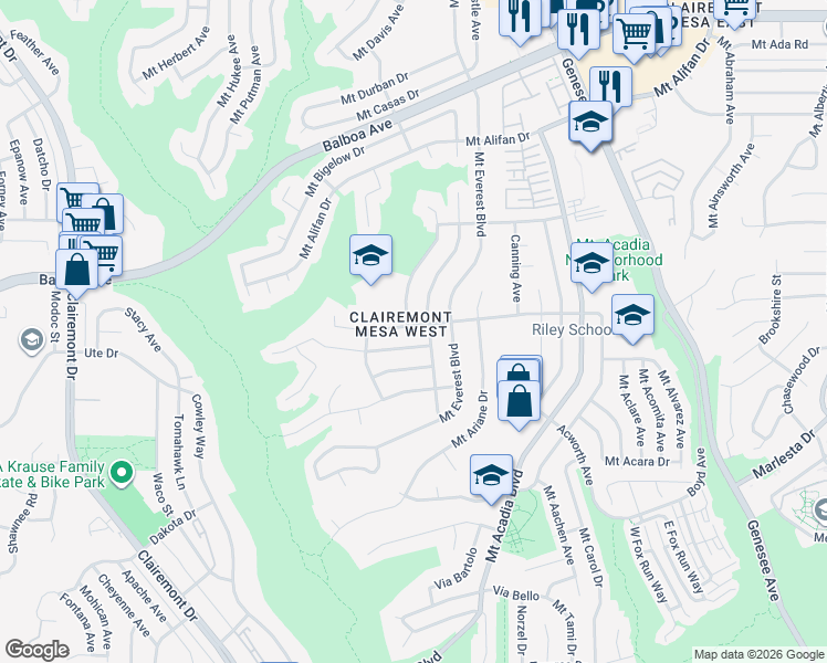 map of restaurants, bars, coffee shops, grocery stores, and more near 5001 Mount Ararat Drive in San Diego