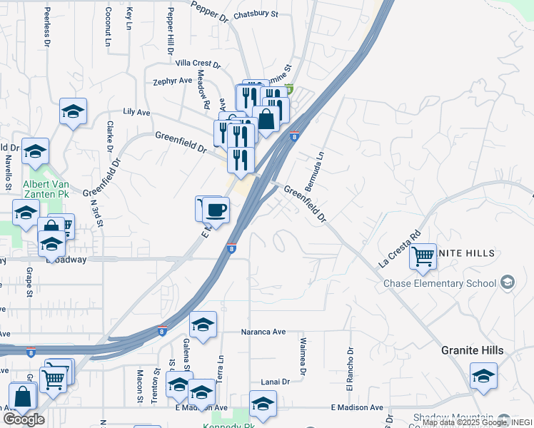 map of restaurants, bars, coffee shops, grocery stores, and more near 1710 Broadway in El Cajon