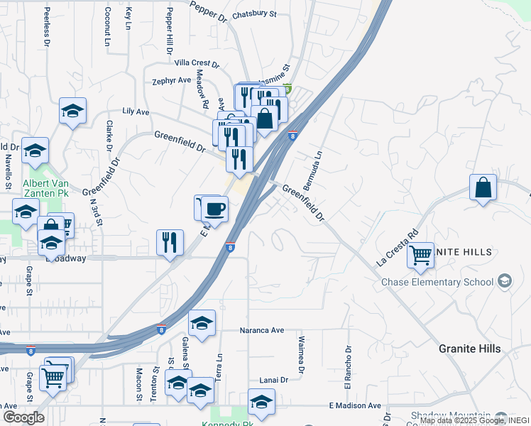 map of restaurants, bars, coffee shops, grocery stores, and more near 1122 Via Loma Vista in El Cajon
